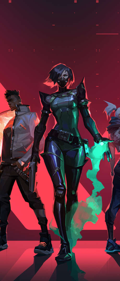 A group portrait of Valorant characters Jett, Viper, Phoenix, Cypher, and Sova. mobile wallpaper