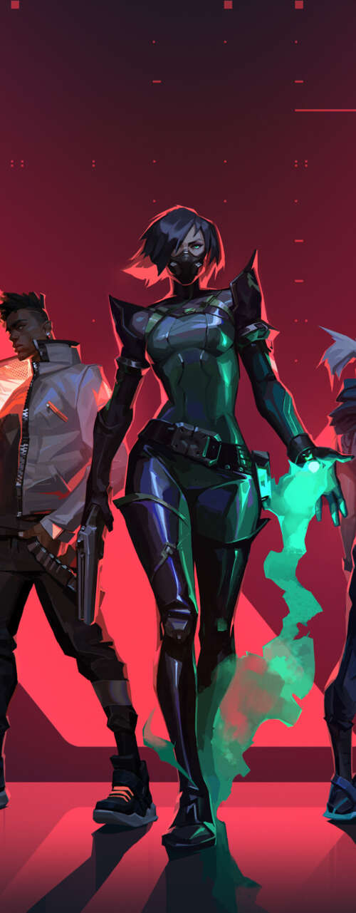 A group portrait of Valorant characters Jett, Phoenix, Viper, Cypher, and Sova. Phone download free wallpaper for phone