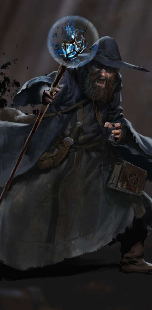 A dark fantasy wizard holding a magical staff in a dim dungeon setting, representing... Huawei Mate 30 Pro wallpaper