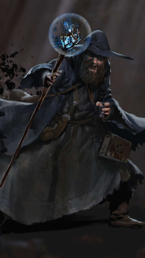 A dark fantasy wizard holding a magical staff in a dim dungeon setting, representing... lava Play Max lock screen wallpaper