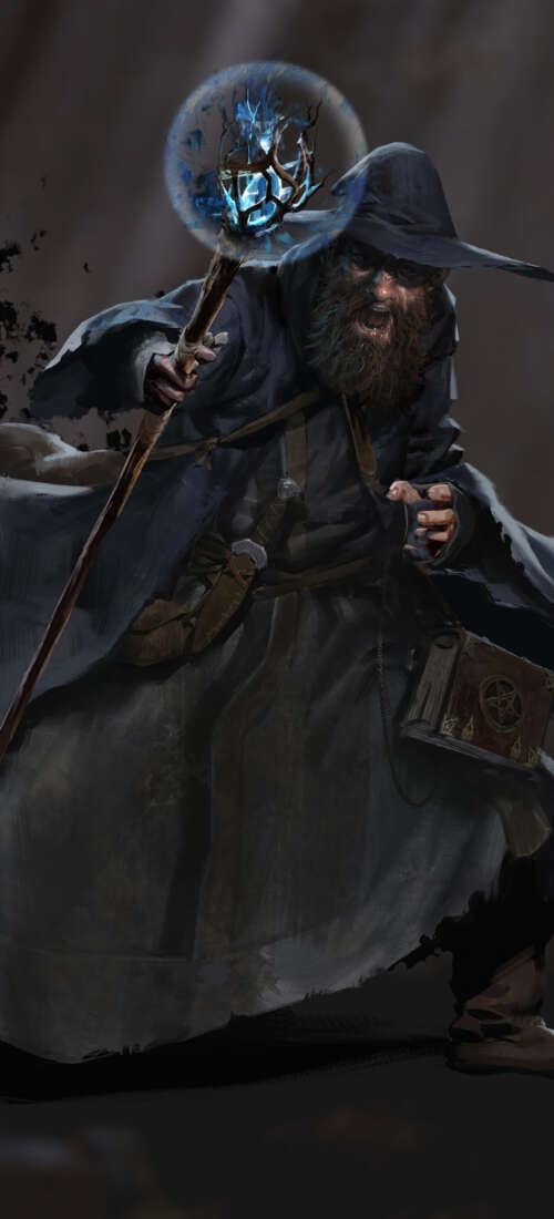 A dark fantasy wizard holding a magical staff in a dim dungeon setting, representing... Honor X9d free background