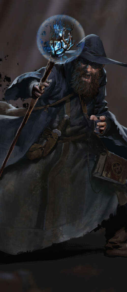 A dark fantasy wizard holding a magical staff in a dim dungeon setting, representing... Xiaomi Redmi 14C 5G mobile wallpaper