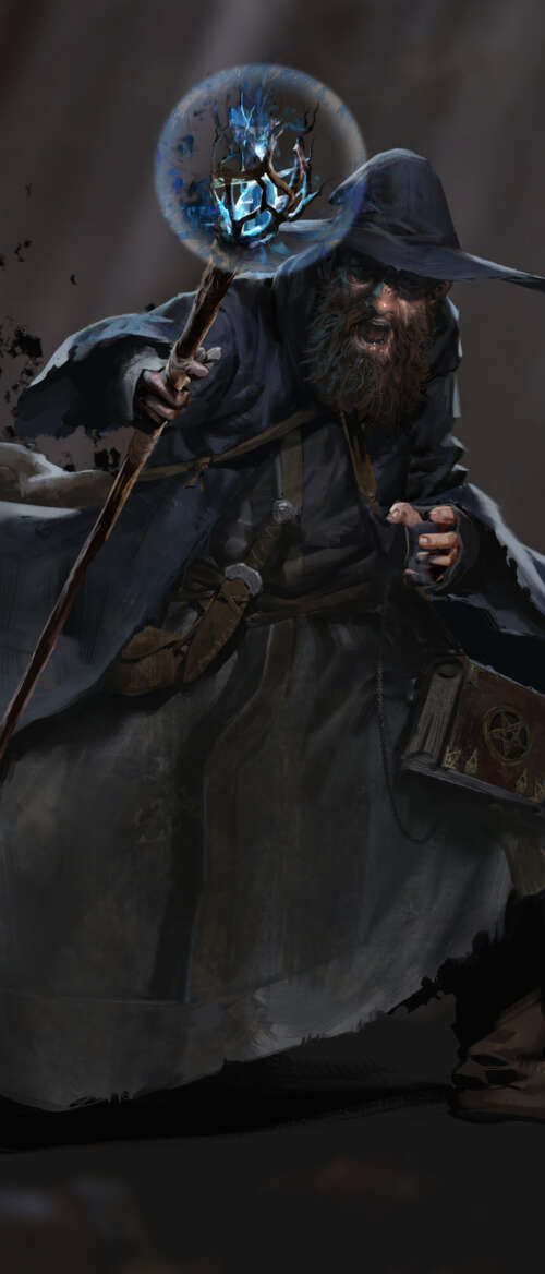 A dark fantasy wizard holding a magical staff in a dim dungeon setting, representing... Samsung Galaxy Z Flip7 wallpaper photo gallery download