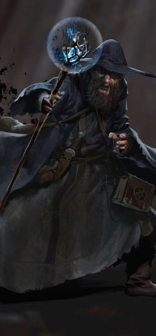 A dark fantasy wizard holding a magical staff in a dim dungeon setting, representing... UmiDigi Umidigi X wallpaper