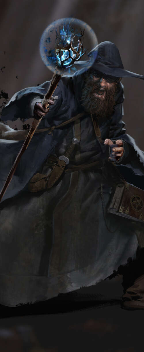 A dark fantasy wizard holding a magical staff in a dim dungeon setting, representing... Meizu Note 16 free wallpaper