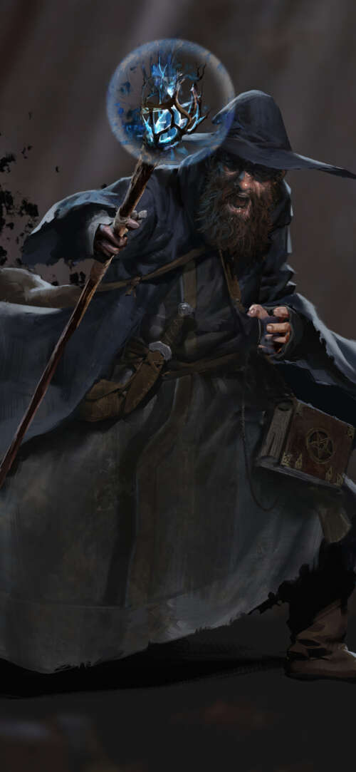 A dark fantasy wizard holding a magical staff in a dim dungeon setting, representing... Apple iPhone 16e background images hd