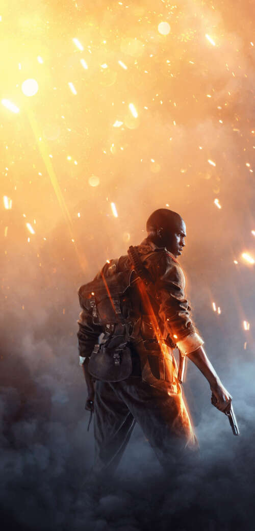 A cinematic view of a soldier in WWI-era gear standing amidst the smoke and debris... Phone cell phone backgrounds free