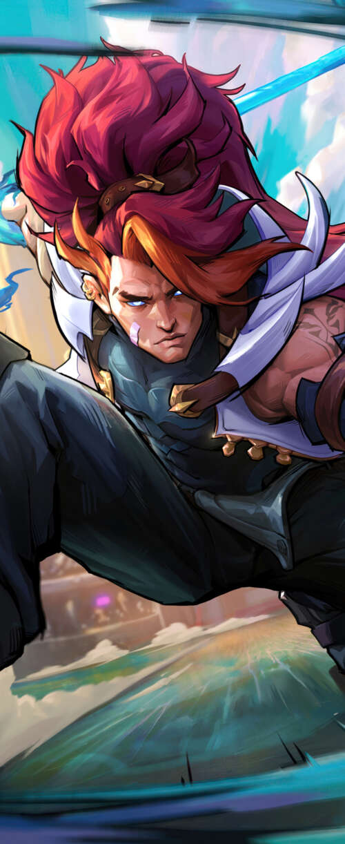Xin Zhao from League of Legends in a heroic battle pose with his spear. Meizu Note 16 wallpaper photo gallery download