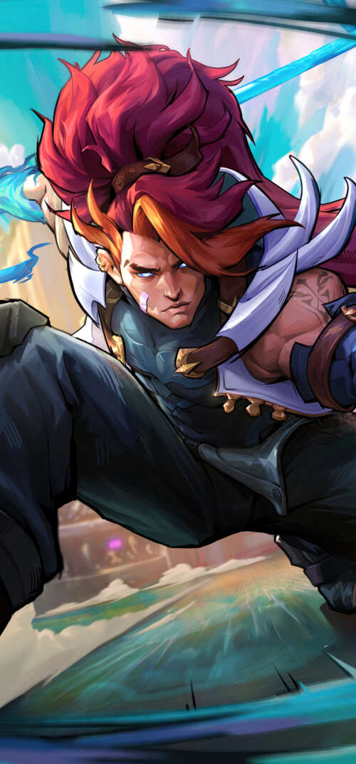 Xin Zhao from League of Legends in a heroic battle pose with his spear. Samsung Galaxy S26 Ultra free background