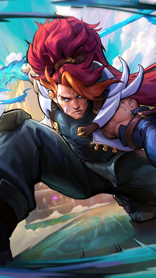 Xin Zhao from League of Legends in a heroic battle pose with his spear. lava Play Max high definition wallpaper