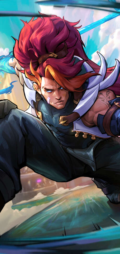 Xin Zhao from League of Legends in a heroic battle pose with his spear. TCL K70 free background images