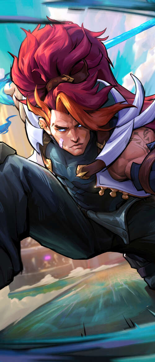 Xin Zhao from League of Legends in a heroic battle pose with his spear. Samsung Galaxy Z Flip7