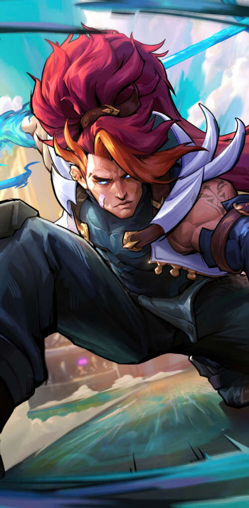 Xin Zhao from League of Legends in a heroic battle pose with his spear. Huawei Mate 30 Pro wallpaper photo gallery download