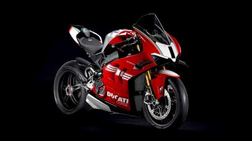 Close-up studio shot of the 2024 Ducati Panigale V4 SP2 Anniversary Edition motorcycle... hd background