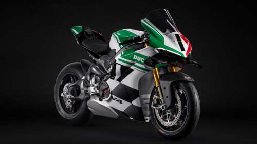 A highly detailed, cinematic close-up of a 2025 Ducati Panigale V4 Tricolore motorcycle...