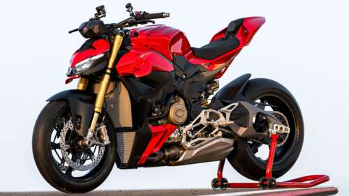 A professional-grade 5K photograph of a bright red 2025 Ducati Streetfighter V4 motorcycle. background images hd