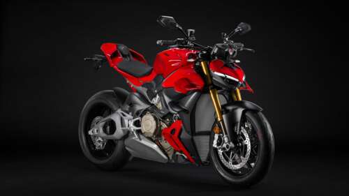 A red 2025 Ducati Streetfighter V4 S sports motorcycle set against a dark, moody... high definition wallpaper