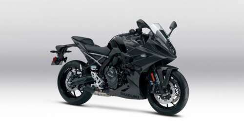 A sharp, detailed shot of the 2025 Suzuki GSX-8R sports motorcycle featuring an aerodynamic...