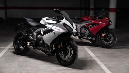 A detailed, high-resolution view of the 2025 Triumph Daytona 660 sports motorcycle... free desktop wallpaper