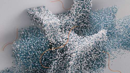 A 3D render of a dense cluster of glowing particles and spherical balls in a cloud...