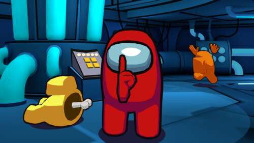 Among Us crewmates wearing VR headsets in a futuristic, immersive space setting. free wallpaper