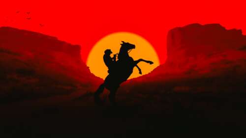 Silhouette of Arthur Morgan from Red Dead Redemption standing against a fiery red... free wallpaper