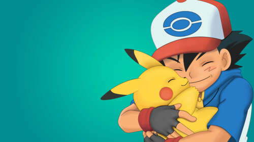 Ash Ketchum embracing Pikachu in a warm, heartfelt hug from the Pokémon series. wallpaper