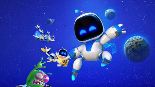 The character Astro Bot from the PlayStation 5 game Astro Bot against a bright blue...