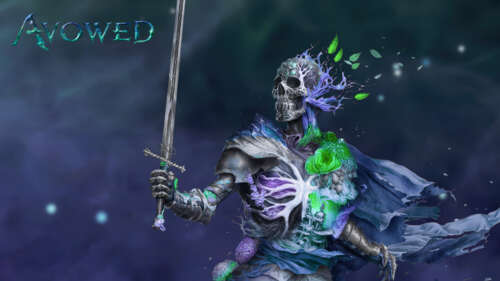 Cinematic game art of a fantasy character from the game Avowed, featuring detailed... free desktop wallpaper