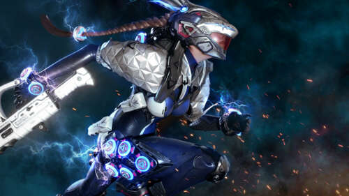 Bunny from The First Descendant featuring futuristic sci-fi armor and electric energy... free hd wallpapers