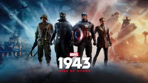 Cinematic ultrawide game art featuring Captain America and Bucky Barnes from Marvel...