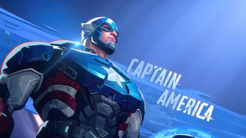 Captain America from Marvel Rivals posing against a solid blue background.