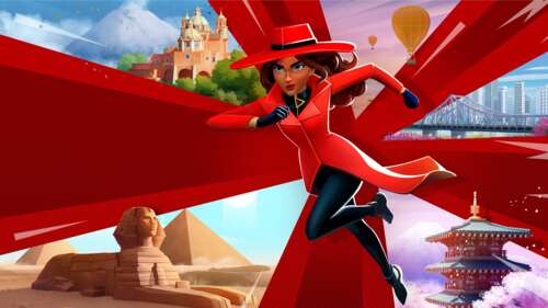 Carmen Sandiego in her signature red trench coat and hat, designed for a modern 2025... free hd wallpapers