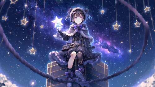 An anime girl surrounded by bright stars in a surreal, cold, and vast cosmic landscape. wallpaper