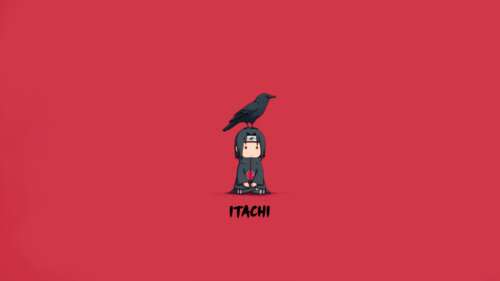 Minimalist chibi Itachi Uchiha from Naruto on a vibrant red background hd background