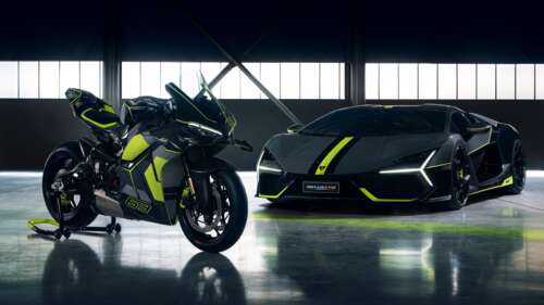 A high-performance Ducati Panigale V4 motorcycle and a Lamborghini Revuelto supercar...