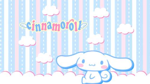 Cinnamoroll character from Sanrio floating among pink and blue striped clouds in... wallpaper