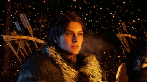 A detailed female warrior inspired by the Crimson Desert video game, featuring dark... hd background