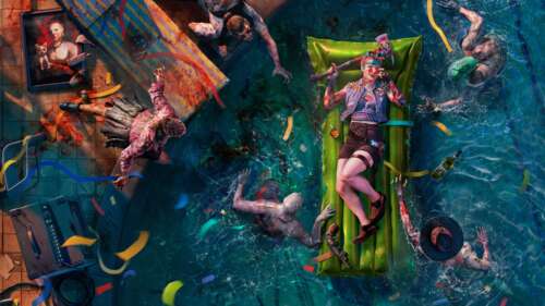 A high-action cinematic shot from Dead Island 2 featuring a survivor battling undead... free wallpaper