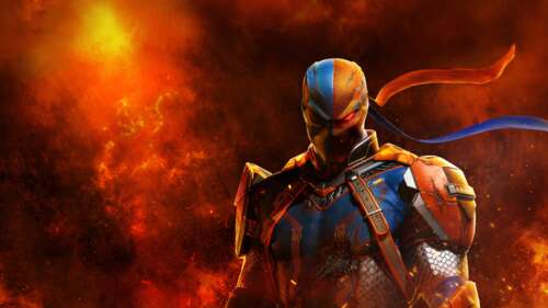 Deathstroke from Suicide Squad: Kill the Justice League against a bright orange background wallpaper