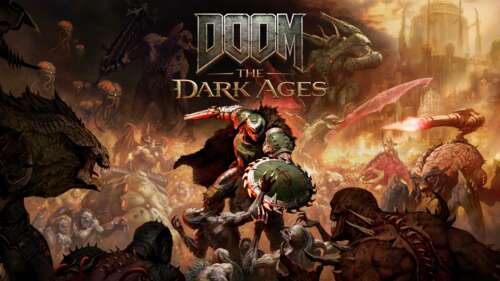 The Doom Slayer standing alongside a massive iron tank, featuring the official key...