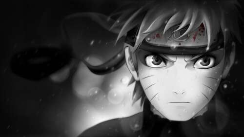 A dramatic black and white close-up portrait of Naruto Uzumaki from the Naruto anime... free wallpaper