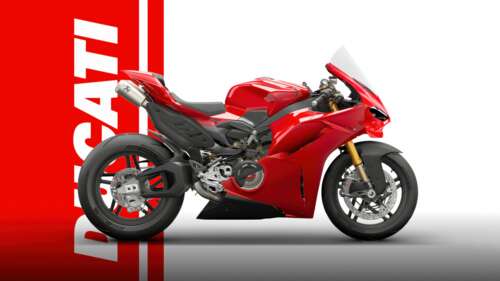A high-detail, 5K shot of a red Ducati Panigale V4 S sports motorcycle featuring...