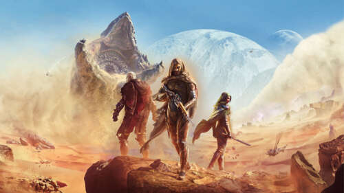 Cinematic key art for Dune: Awakening featuring a survivor in a stillsuit amidst...