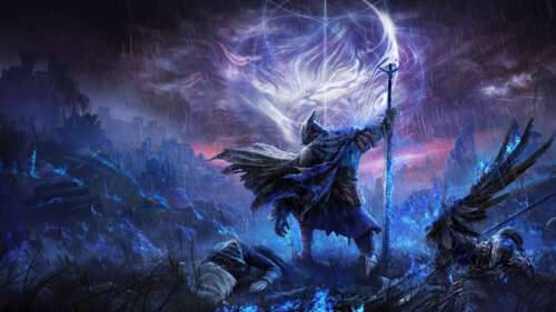 A dark, armored knight standing in a desolate, moonlit wasteland, inspired by Elden... computer backgrounds