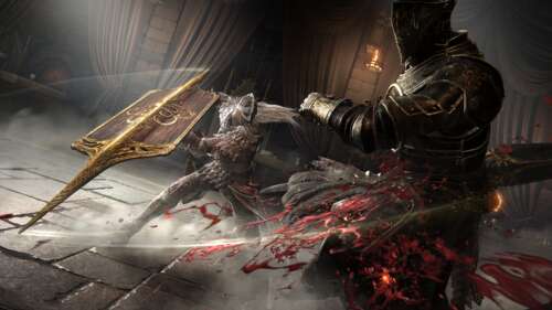 A cinematic gameplay screenshot of a Tarnished warrior navigating the dark, ember-lit... wallpaper