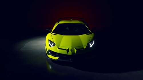 A vibrant green Lamborghini Aventador SVJ supercar set against a dark, cinematic... wallpaper