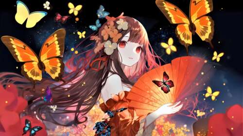 An anime girl with vibrant butterflies floating around her in a surreal, colorful... 4K (Ultra HD) wallpaper download