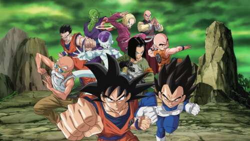 A cinematic lineup of Goku, Vegeta, Frieza, Gohan, and Piccolo from the Dragon Ball...