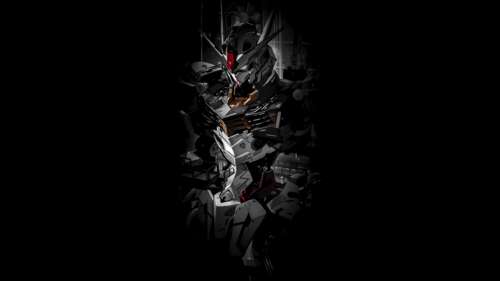 A highly detailed Gundam mecha robot with intricate mechanical armor on a solid black...